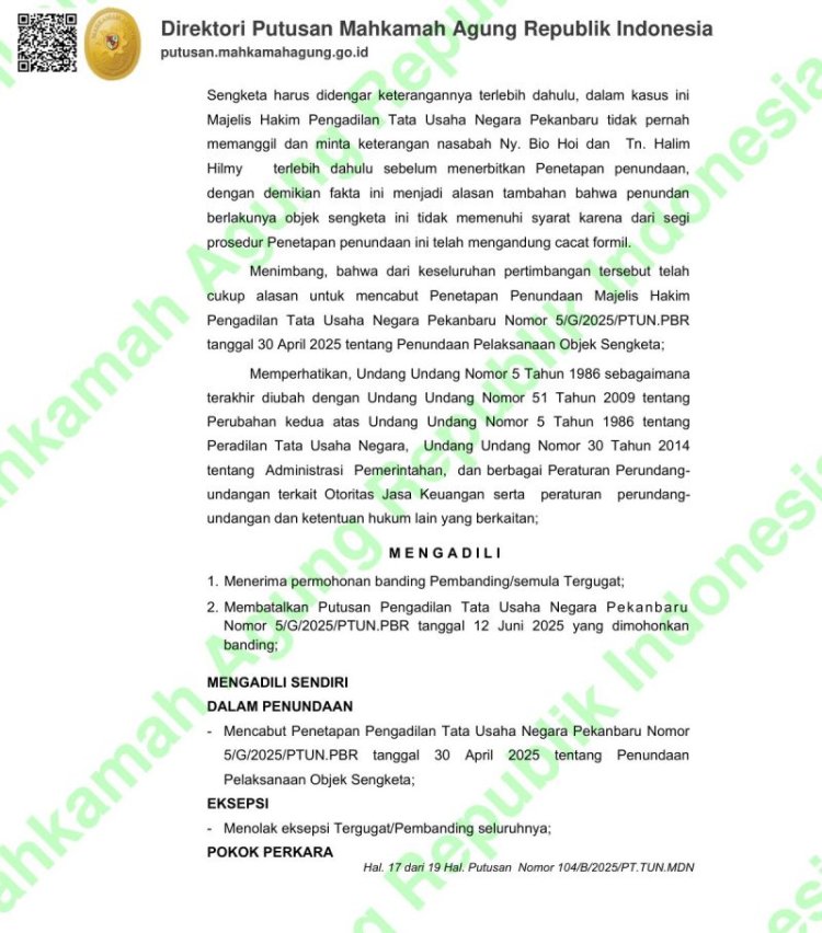 PTTUN Medan Menangkan OJK Riau, Gugatan BPR Fianka Ditolak Seluruhnya
